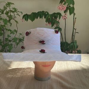 Chic White Wide-Brim Hat with Burgundy Red Rose Accents